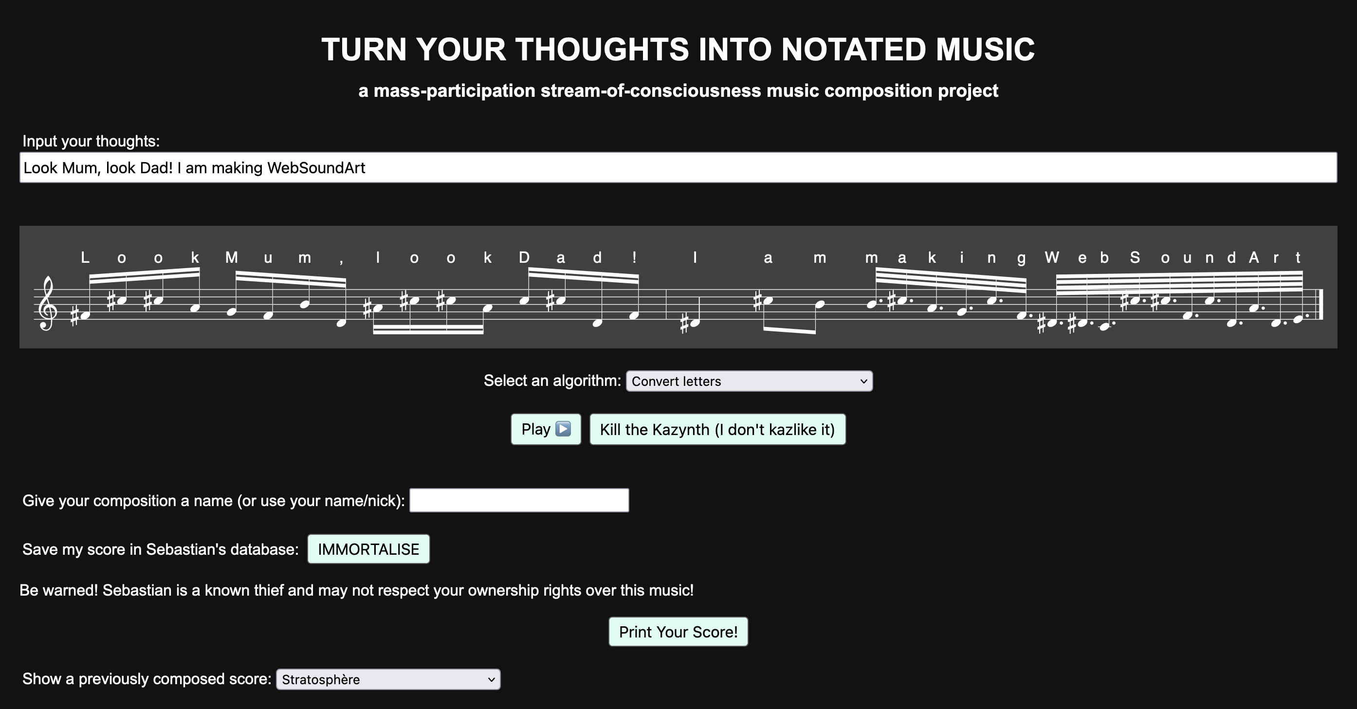 Screenshot of the web application thought music
