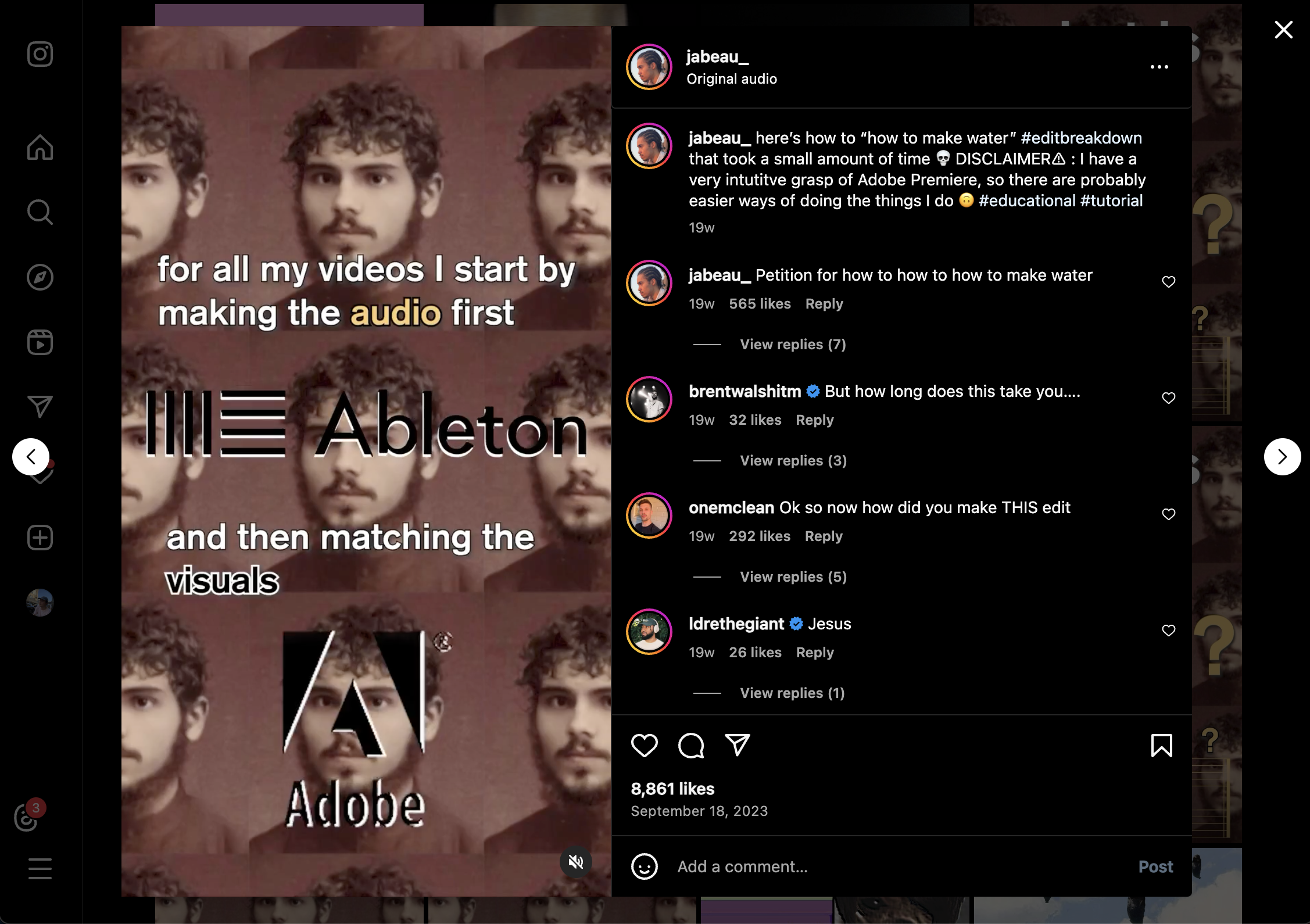 jabeu's instagram reel breaking down how he made his popular tutorial 'How to Make Water'