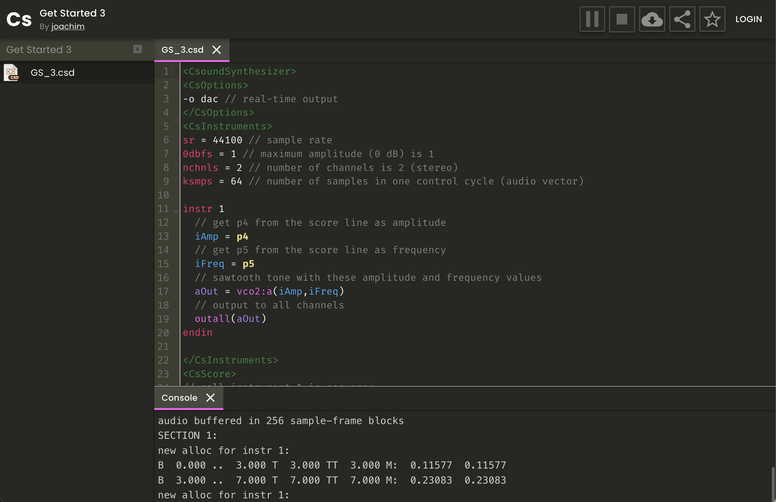 Csound's online IDE, showing the example oscillator patch.