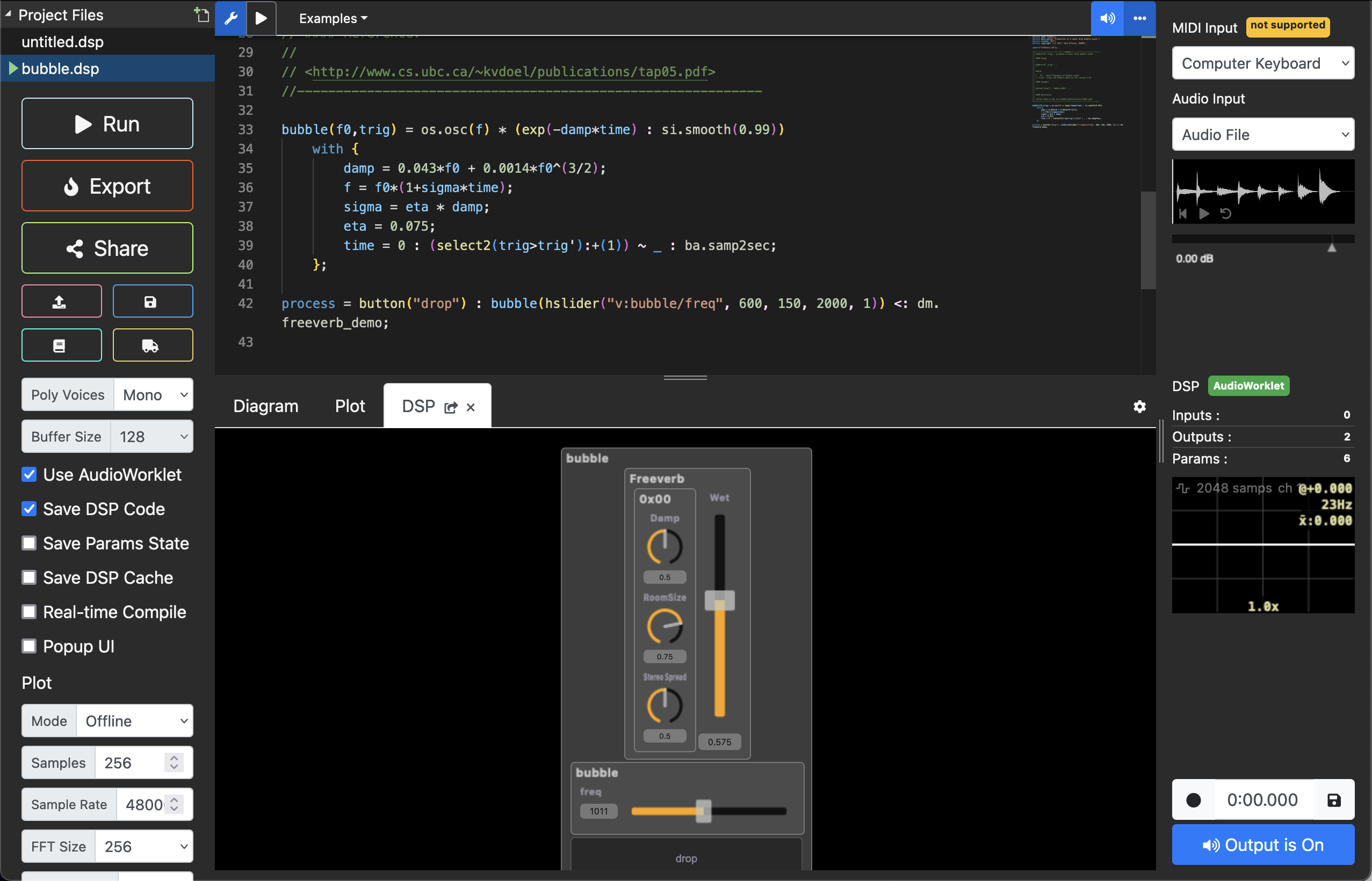 Csound's online IDE, showing the example oscillator patch.