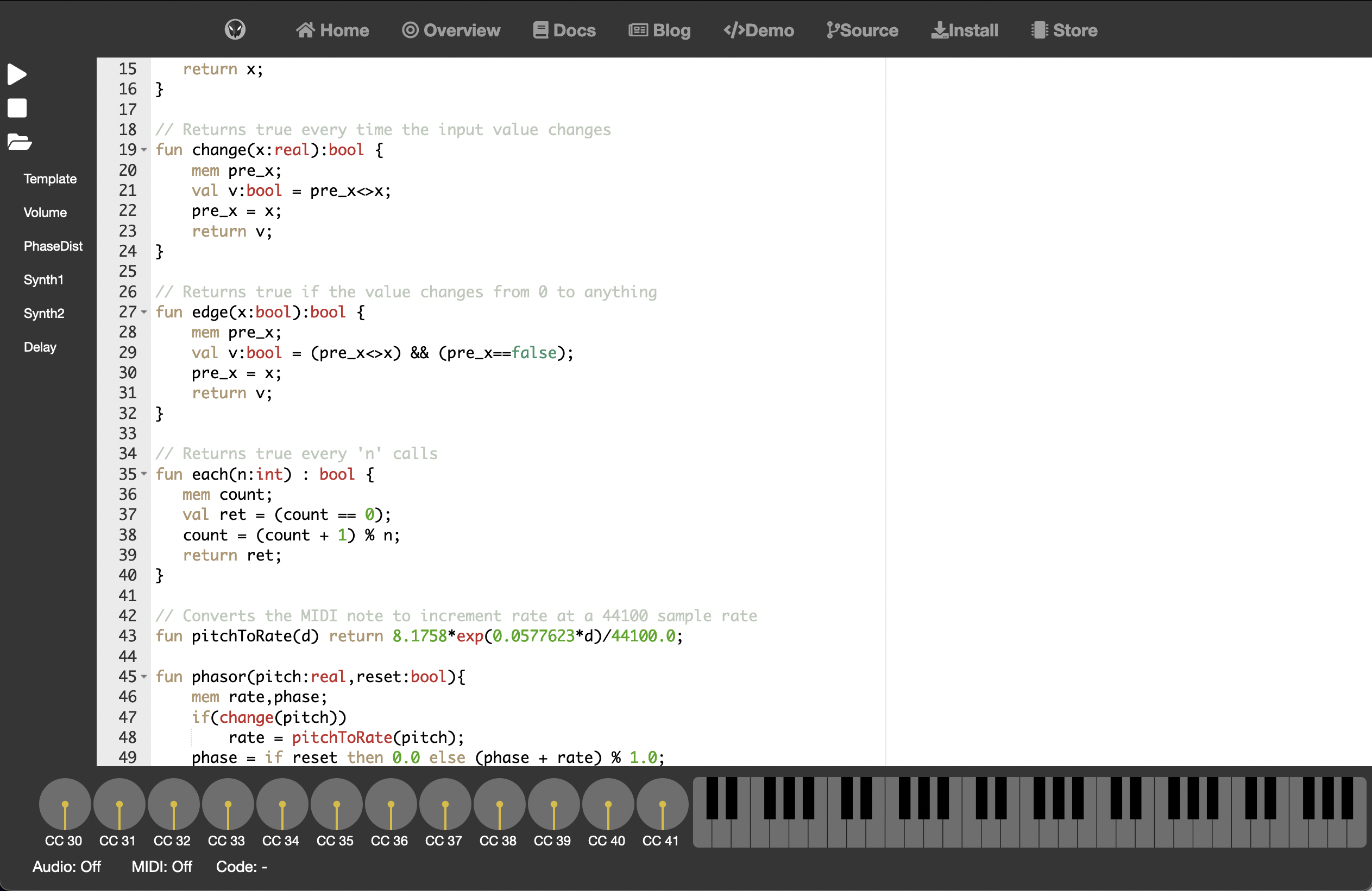 Vult's online IDE, showing one of the example patches