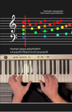 Dan Tramte performing a 16-voice polyrhythm on the piano, with scrolling sheet music above.